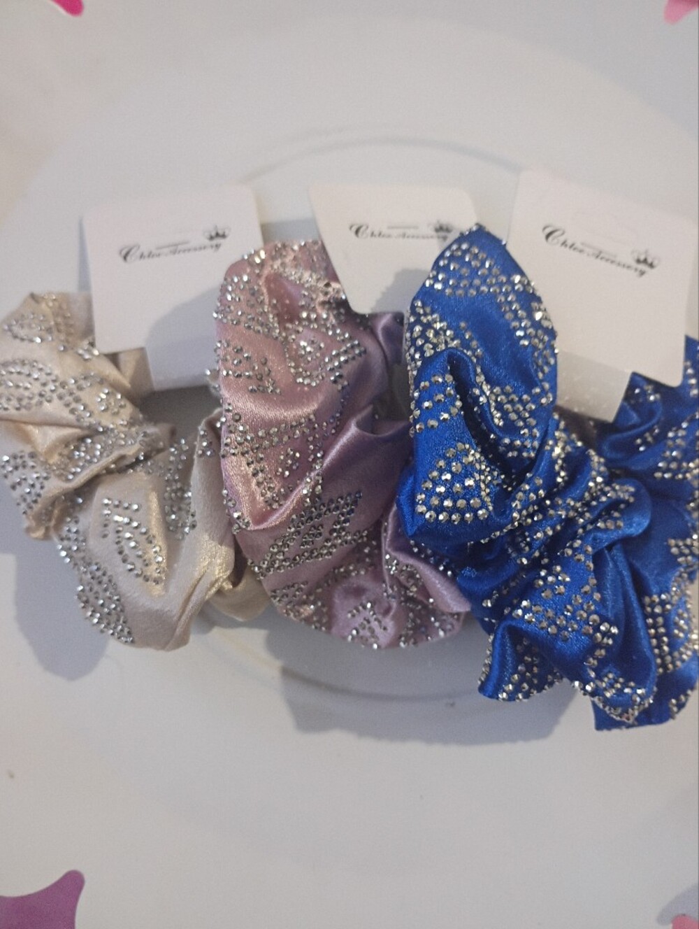 Crystal Embellished Satin Scrunchie - Blue, Pink, Cream - Unbranded